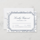 Victorian Navy Blue Floral Line Art Wedding 出欠カード (正面)