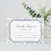 Victorian Navy Blue Floral Line Art Wedding 出欠カード (スタンド正面)