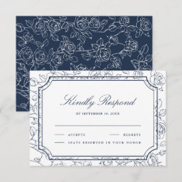 Victorian Navy Blue Floral Line Art Wedding 出欠カード