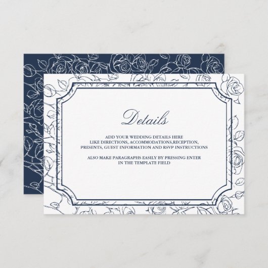 Victorian Navy Blue Line Art Wedding Details エンクロージャーカード (正面/裏面)