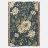 Victorian Navy & Cream Floral Botanical Blanket スローブランケット (正面縦)