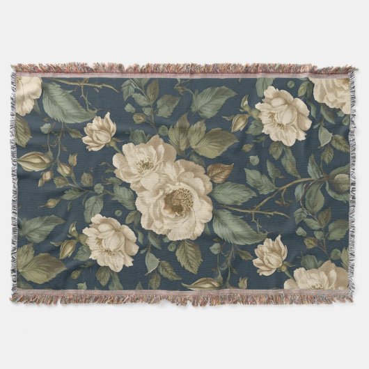 Victorian Navy & Cream Floral Botanical Blanket スローブランケット (正面)