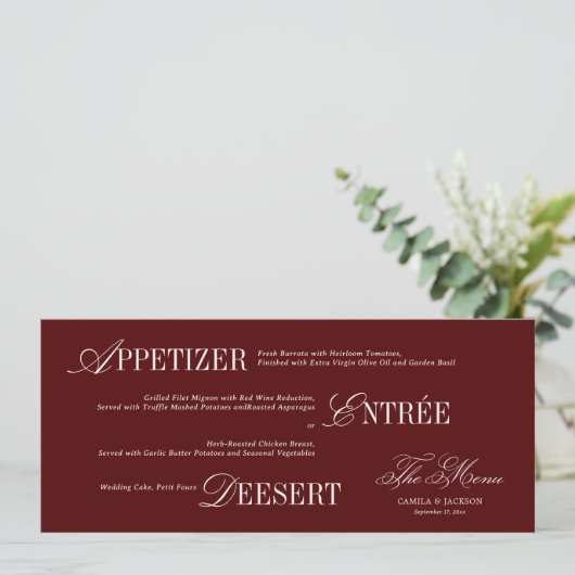 Victorian Old Money Burgundy Wedding Menu Card 招待状 (スタンド正面)
