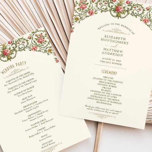 Victorian Ornate Gold Arch & Pink Roses Program 招待状