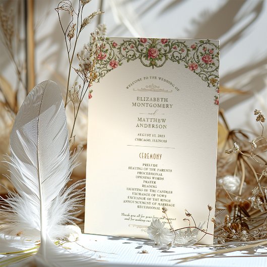 Victorian Ornate Gold Arch & Pink Roses Program 招待状