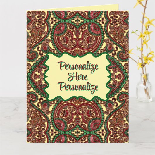 Victorian paisley pattern elegant red green gold カード (黄色い花)