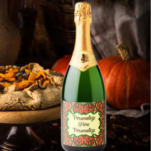 Victorian paisley pattern elegant red green gold スパークリングワインラベル