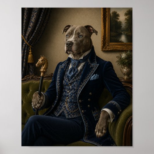 Victorian Pit Bull Gentleman Portrait Print, Blue ポスター (正面)