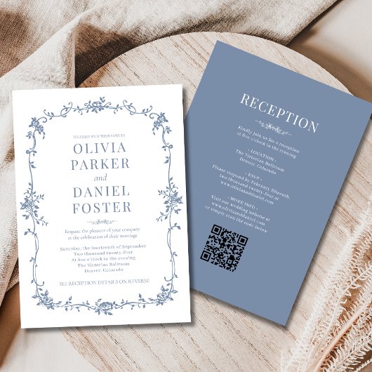 Victorian QR Code All in One Dusty Blue Wedding  招待状