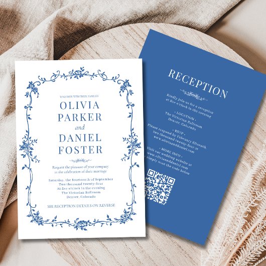 Victorian QR Code All in One Royal Blue Wedding 招待状
