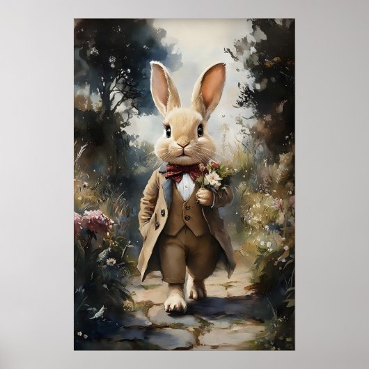 Victorian Rabbit In Jacket A Bouquet Print, Easter ポスター (正面)