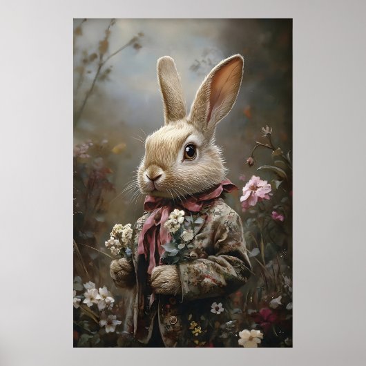 Victorian Rabbit Print Easter Bunny In Floral ポスター (正面)