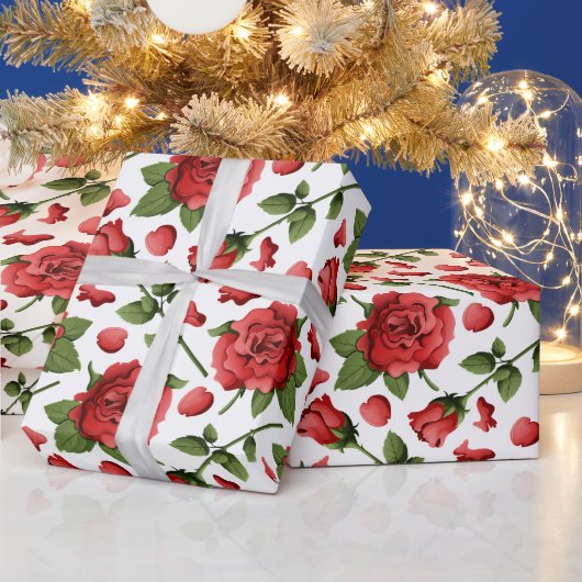 Victorian Red Roses Foliage Botanical Pattern ラッピングペーパー (クリスマス)