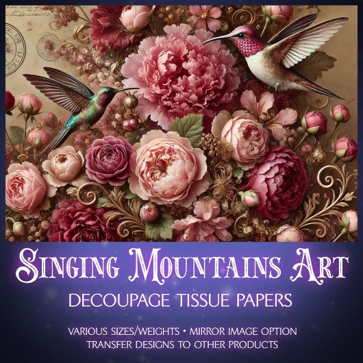 Victorian Romance Hummingbird Floral Decoupage  薄葉紙