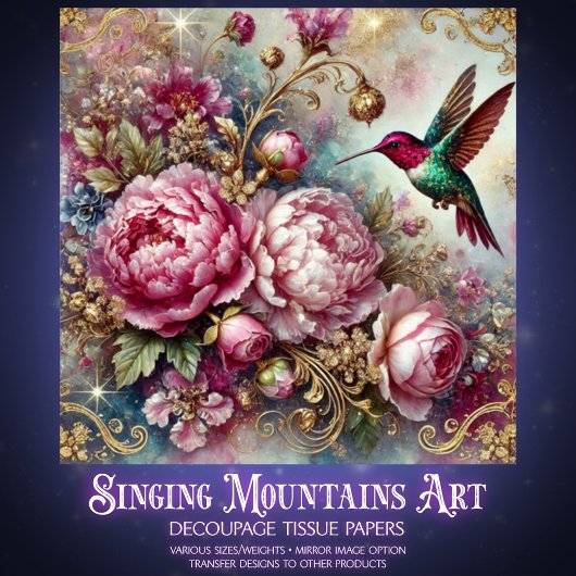 Victorian Romance Pink Rose Hummingbird Decoupage  薄葉紙