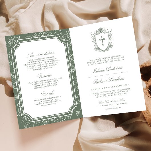 Victorian Sage Green Catholic QR Code Wedding 招待状