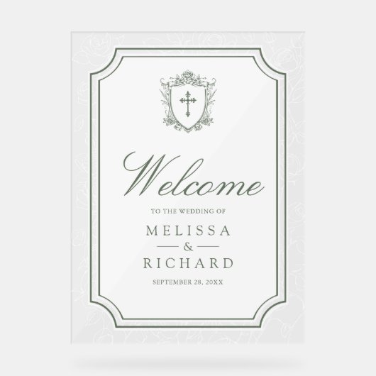 Victorian Sage Green Catholic Wedding Welcome アクリルサイン (正面)