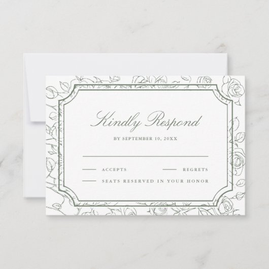 Victorian Sage Green Floral Line Art Wedding 出欠カード (正面)