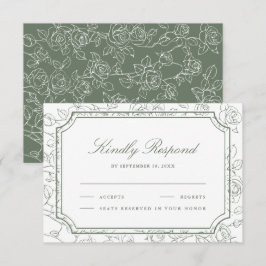 Victorian Sage Green Floral Line Art Wedding 出欠カード