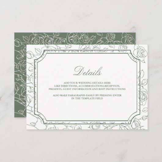 Victorian Sage Green Line Art Wedding Details エンクロージャーカード (正面/裏面)