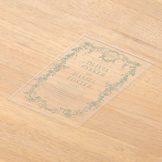 Victorian Sage Green Wedding Monogram アクリル招待状 (レイダウン)