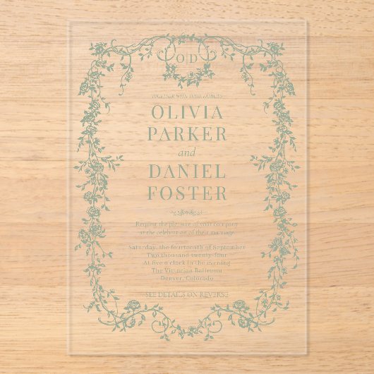 Victorian Sage Green Wedding Monogram アクリル招待状 (正面)