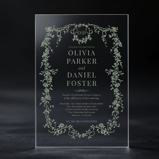 Victorian Sage Green Wedding Monogram アクリル招待状