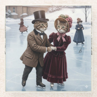 Victorian Skating Cats Glass Coaster ガラスコースター