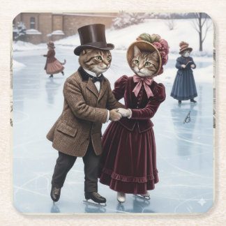 Victorian Skating Cats Paper Coaster スクエアペーパーコースター