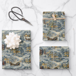 Victorian Snowy Village Christmas Illustration ラッピングペーパーシート