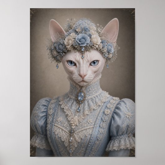 Victorian Sphynx Cat Lady Print, Blue Floral Crown ポスター (正面)
