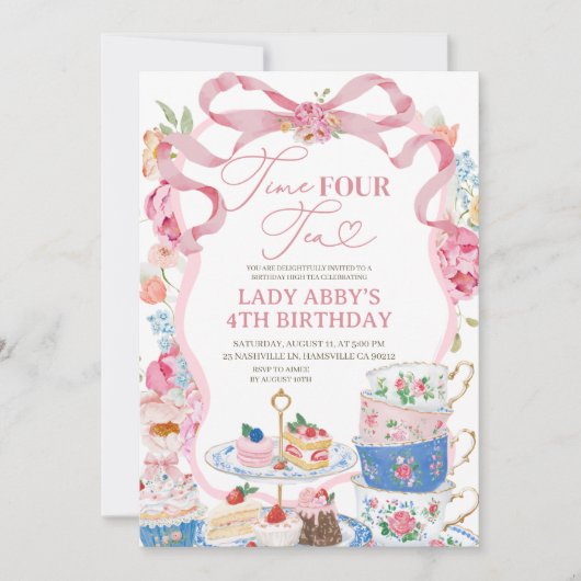 Victorian Spring Floral 4th Birthday party 招待状 (正面)