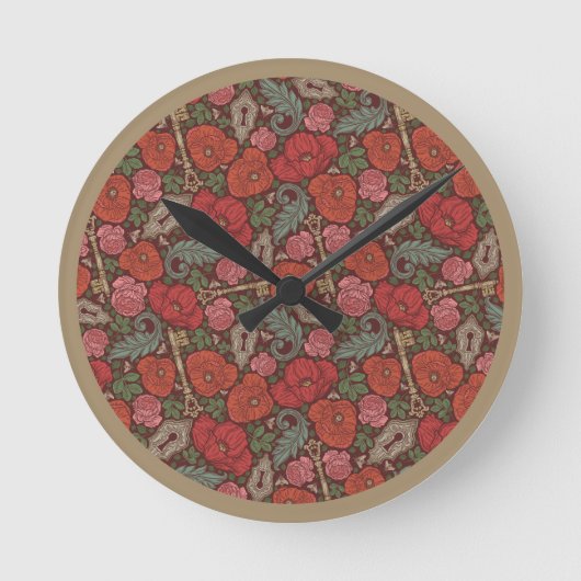 Victorian Steampunk Old Lock Key Red Poppies ラウンド壁時計 (正面)