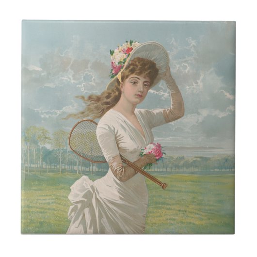 Victorian Tennis Lady with Flowered Hat Antique  タイル (正面)