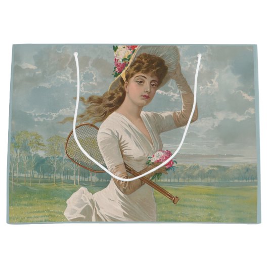 Victorian Tennis Lady with Flowered Hat Antique  ラージペーパーバッグ (正面)