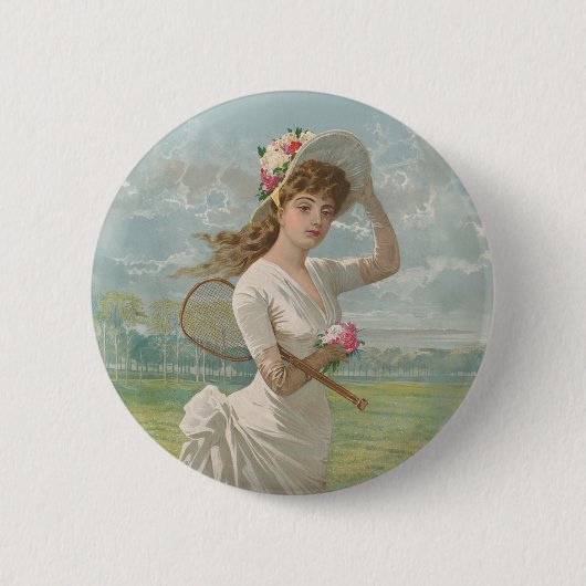 Victorian Tennis Lady with Flowered Hat Antique  缶バッジ (正面)