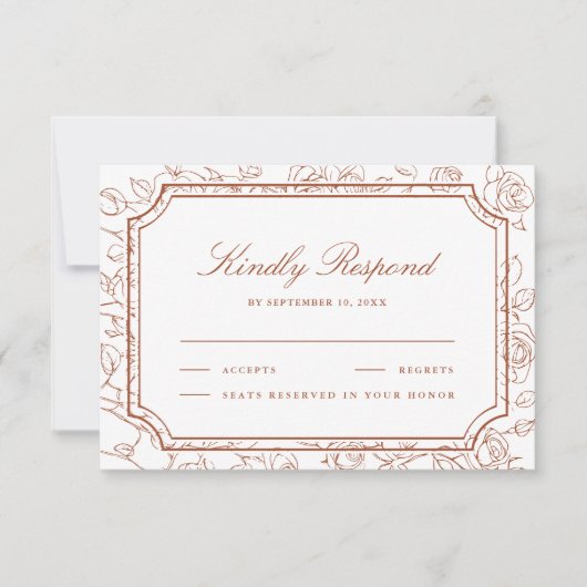 Victorian Terracotta Floral Line Art Wedding 出欠カード (正面)