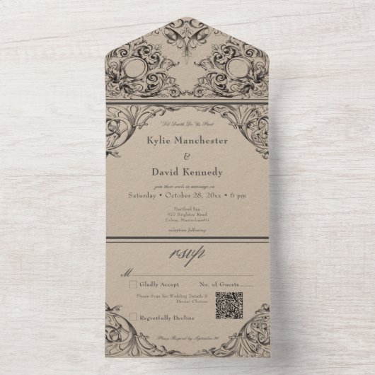 Victorian Til Death Black Tan Wedding QR Code オールインワン招待状 (内側)
