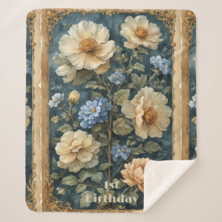 Victorian Vintage Soft Ivory Peony English Garden シェルパブランケット