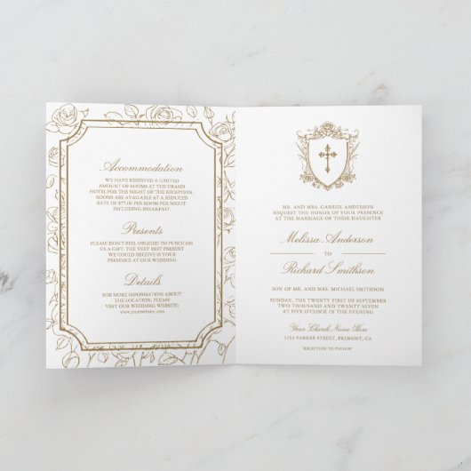 Victorian White and Gold Catholic QR Code Wedding 招待状 (内部)