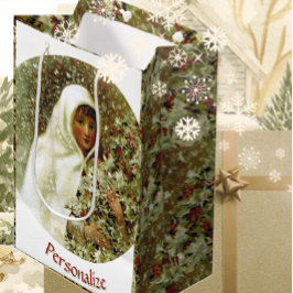 Victorian winter girl holly berry snow ミディアムペーパーバッグ