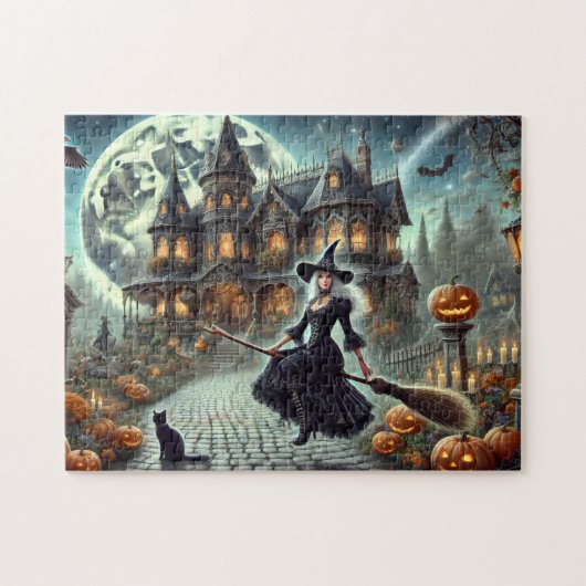 Victorian Witch Halloween Moonlit Haunted House ジグソーパズル (横)