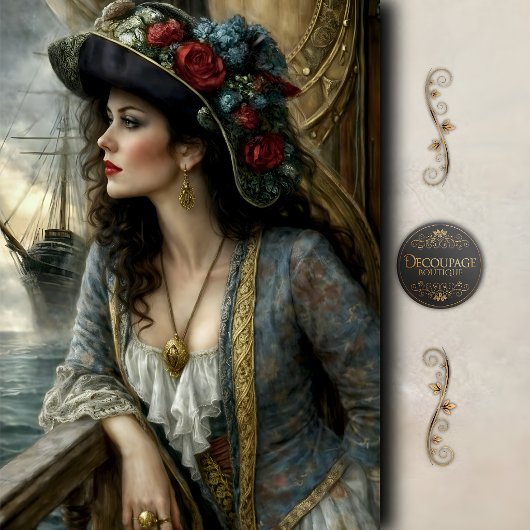 Victorian Woman Nautical Hat Ship Decoupage 薄葉紙