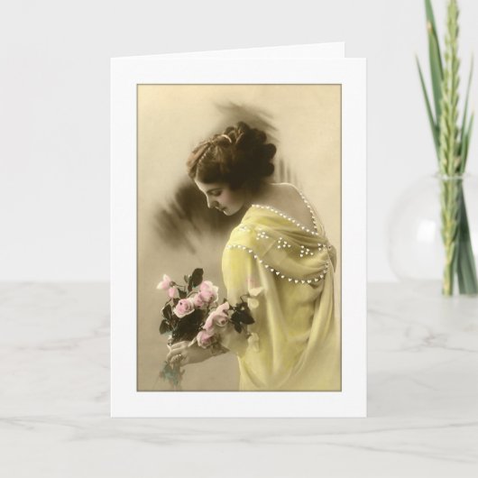 Victorian woman pink roses, romantic カード (正面)