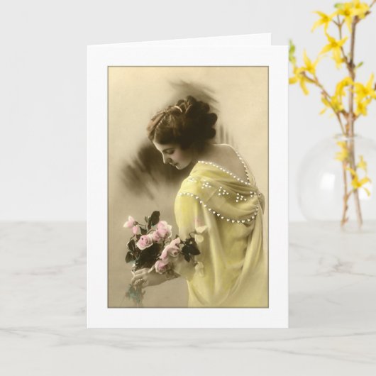 Victorian woman pink roses, romantic カード (黄色い花)