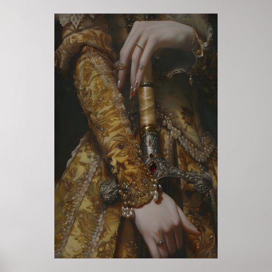 Victorian Woman with Sword in Gold Gown Medieval ポスター (正面)