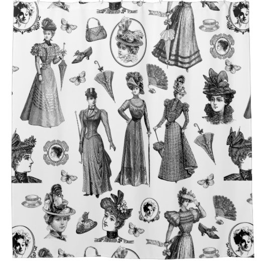 victorian women's style antique butterfly toile シャワーカーテン (正面)