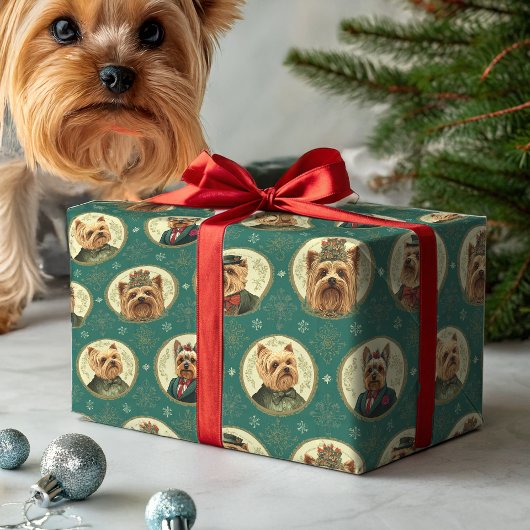 Victorian Yorkie Christmas Portraits on Emerald Gr ラッピングペーパー