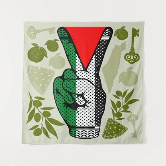 Victory Sign Hand Resistance Red Triangle Symbol タペストリー (正面)