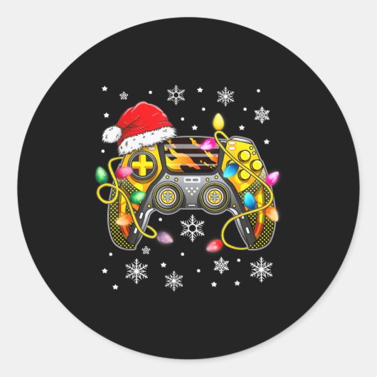 Video Game Controller Christmas Santa Hat Gamer Bo ラウンドシール (正面)